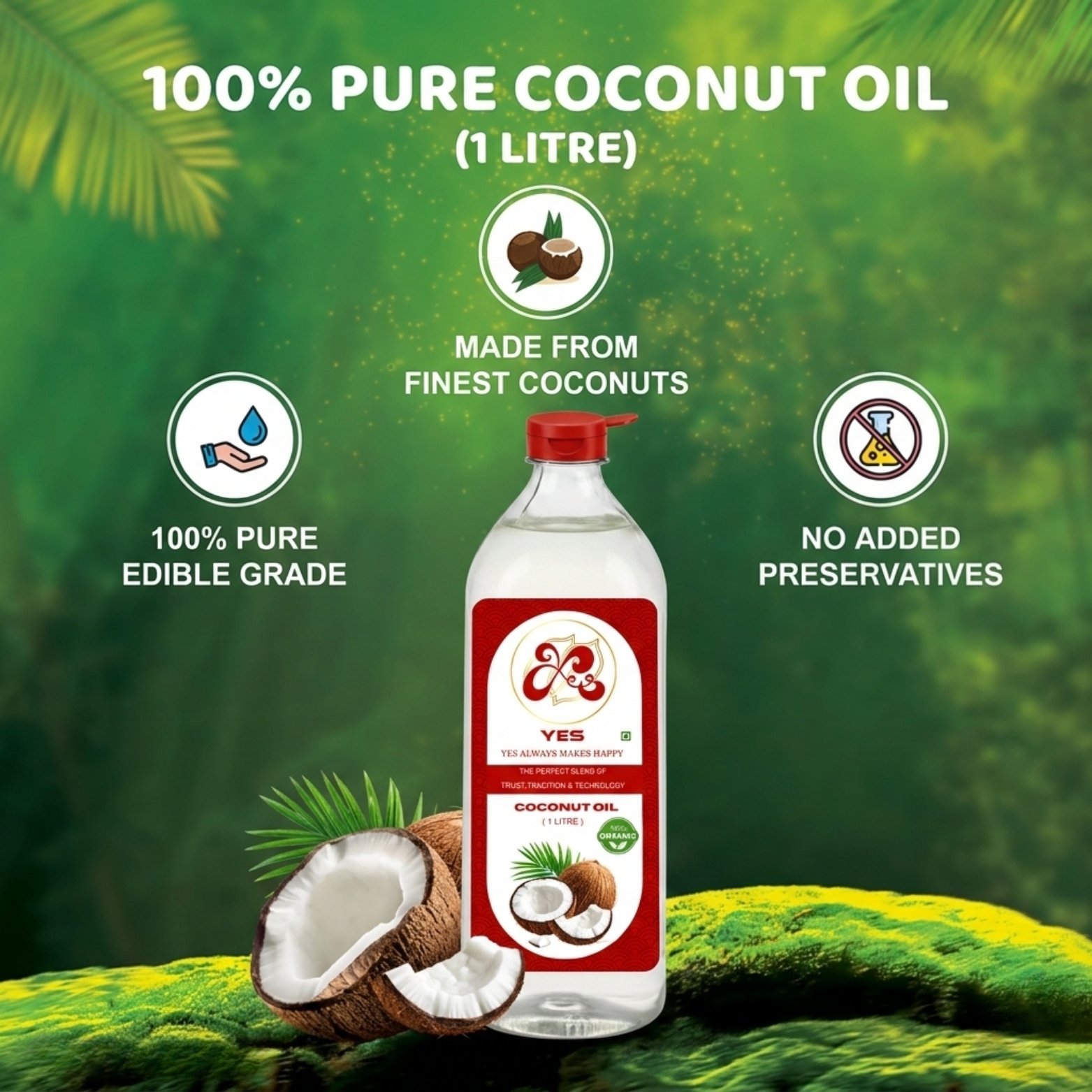 YES 1 Litre-1000ml Organic Coconut Oil