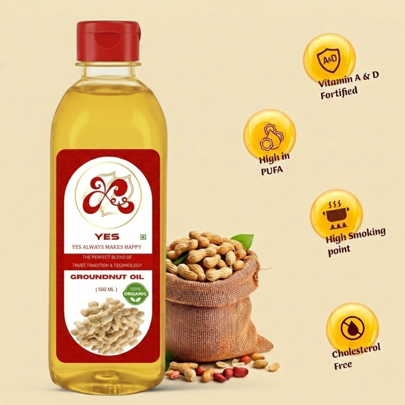 YES 500ml Organic Groundnut Oil- 100% Pure and Nutritious