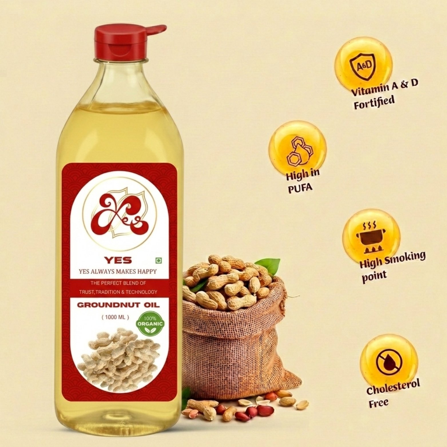 YES 1 Litre 1000ml Organic Groundnut Oil