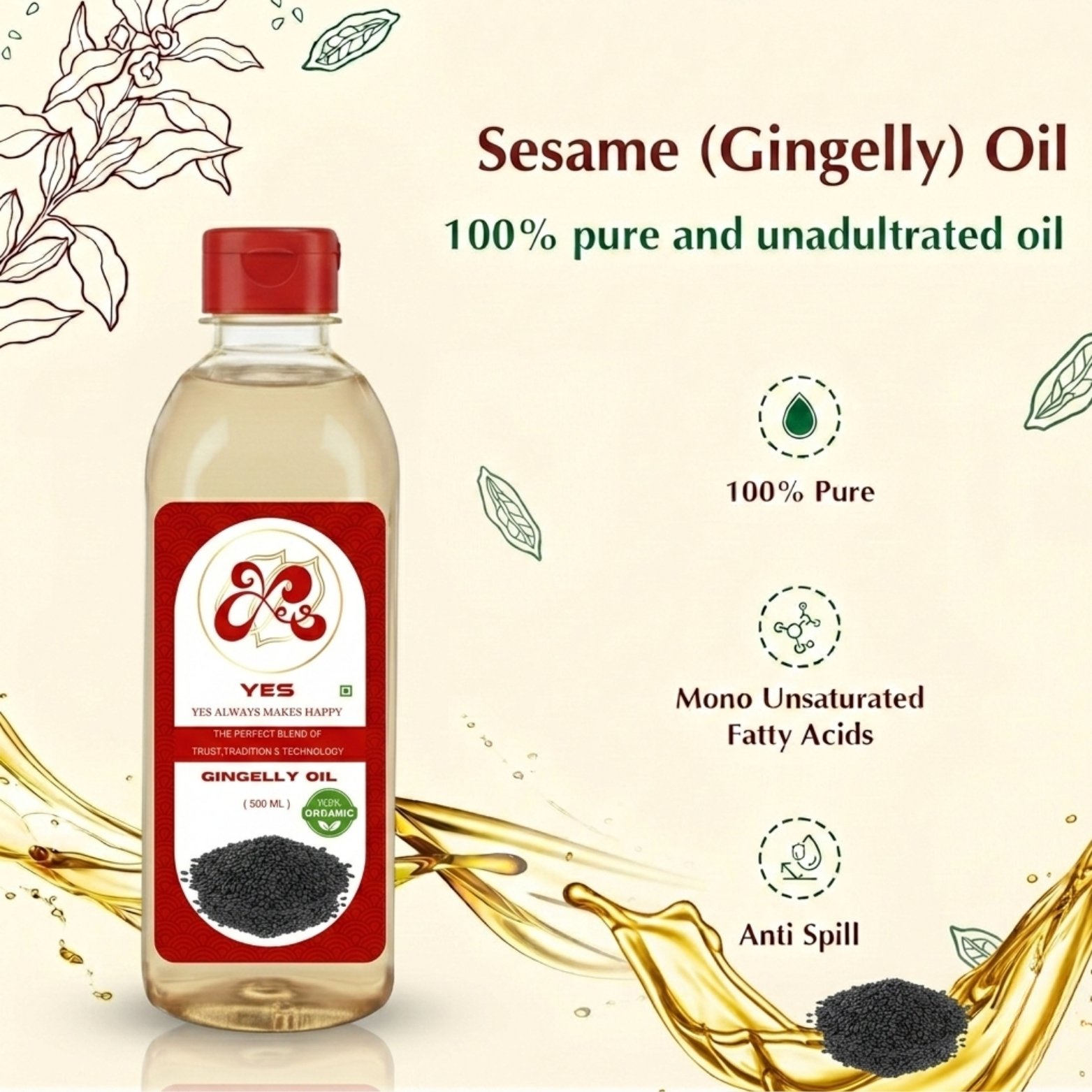 YES 500 ml Organic Gingelly Oil -100 percent Pure