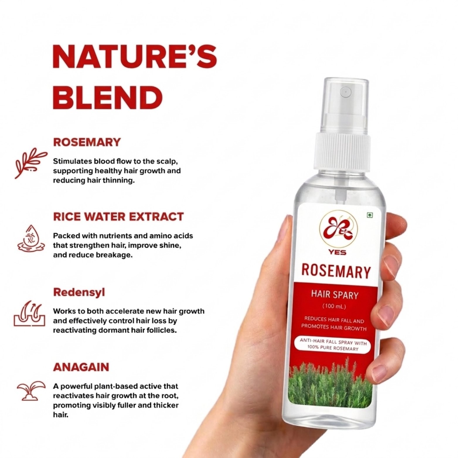 YES 100% Pure Rosemary Hair Spray (100ml)