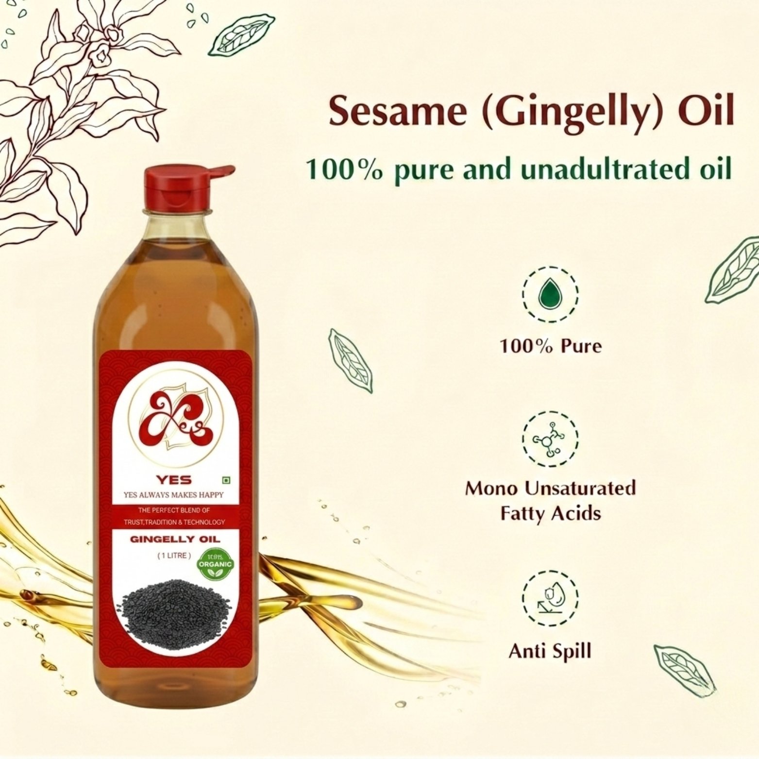 YES 1 Litre 1000 ml Organic Gingely Oil Premium Value Pack